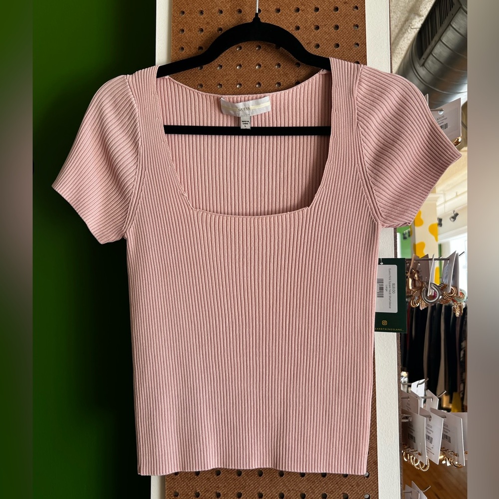 Guess Squareneck Light Pink Ribbed Knit Top
